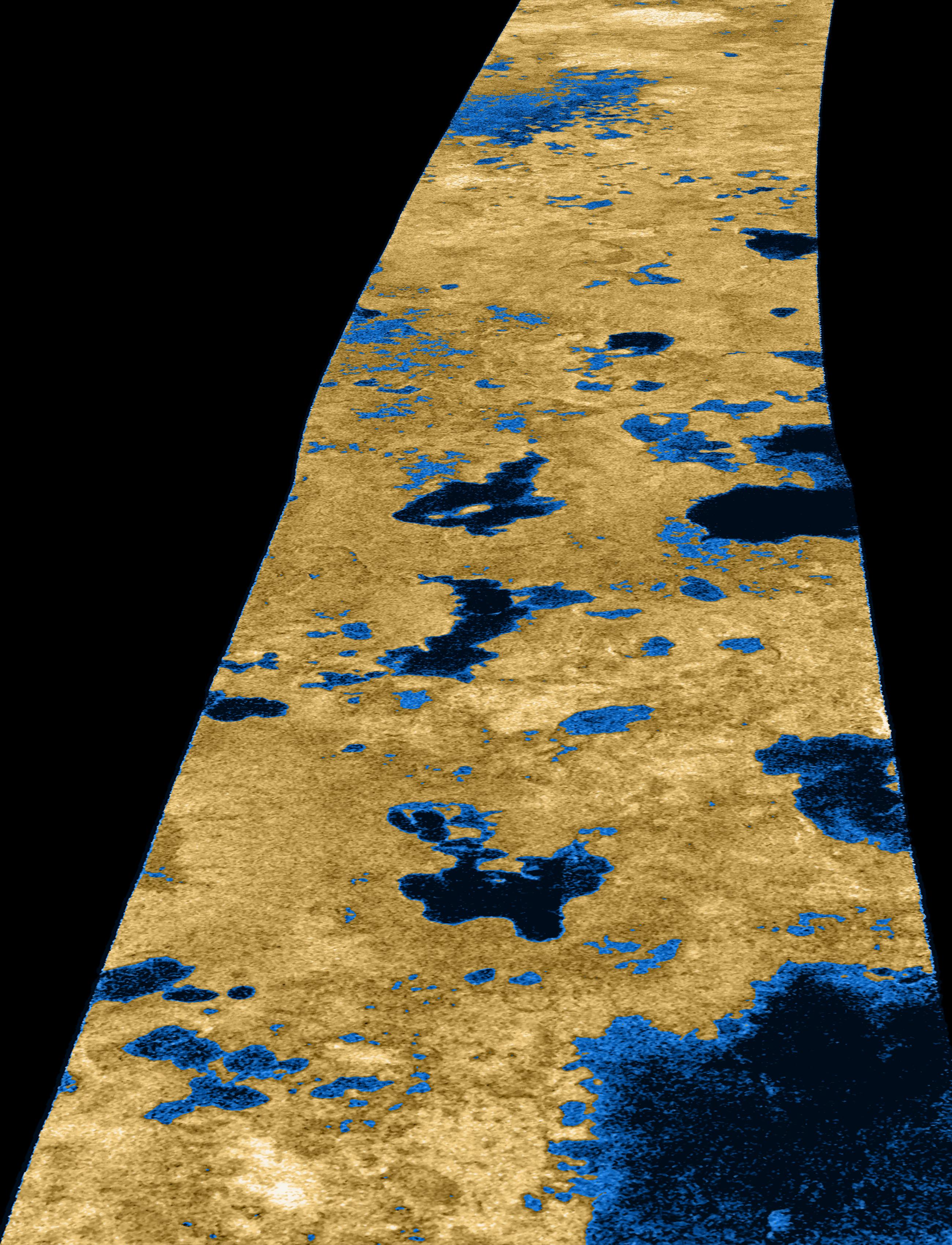 Radar image of liquid lakes on Titan; from NASA