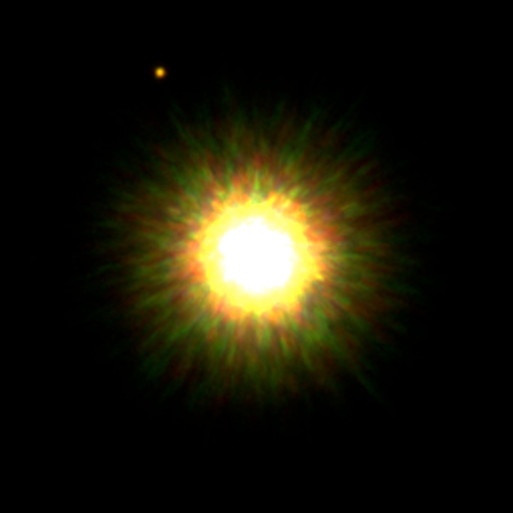 Sun-like star 1RSX J160929.1-210524 in the center and a possible planet at the upper left