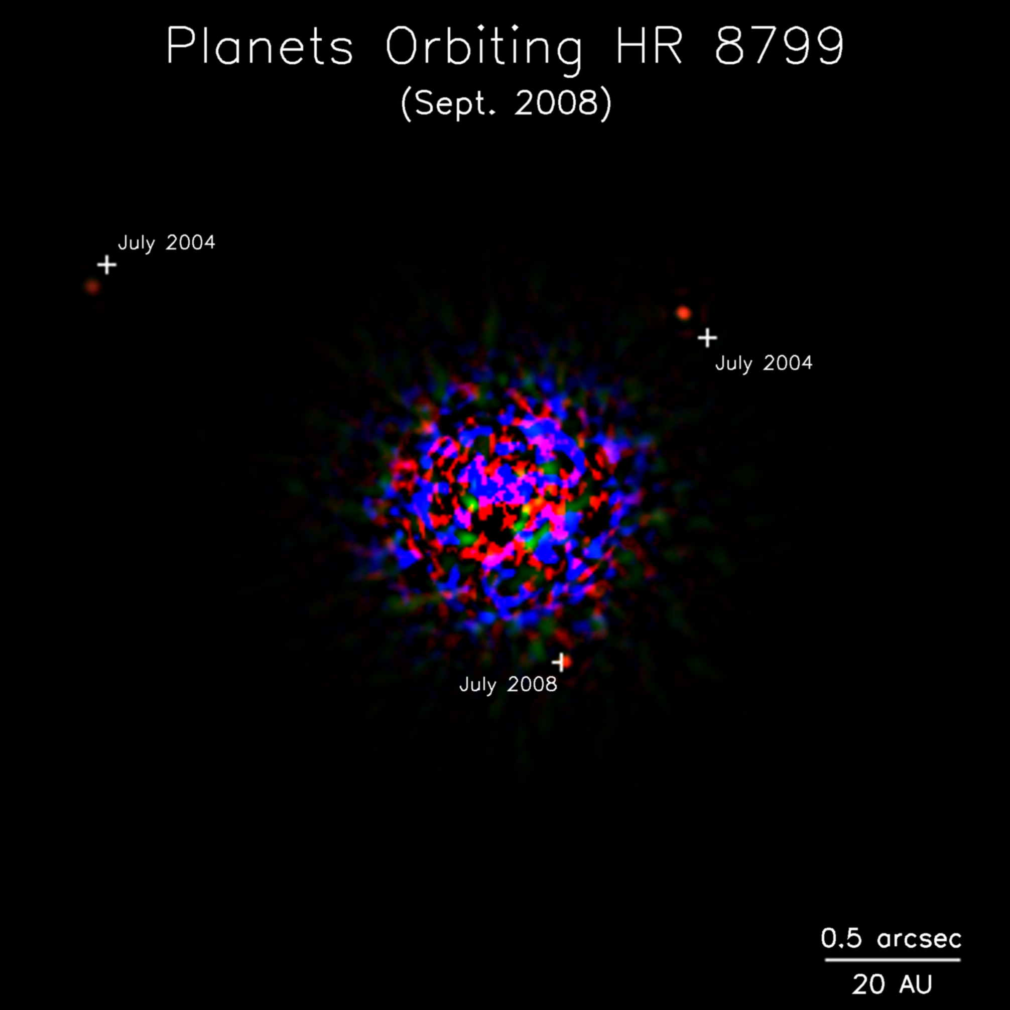 Planetary system HR 8799 showing all three planets; from Gemini Observatory