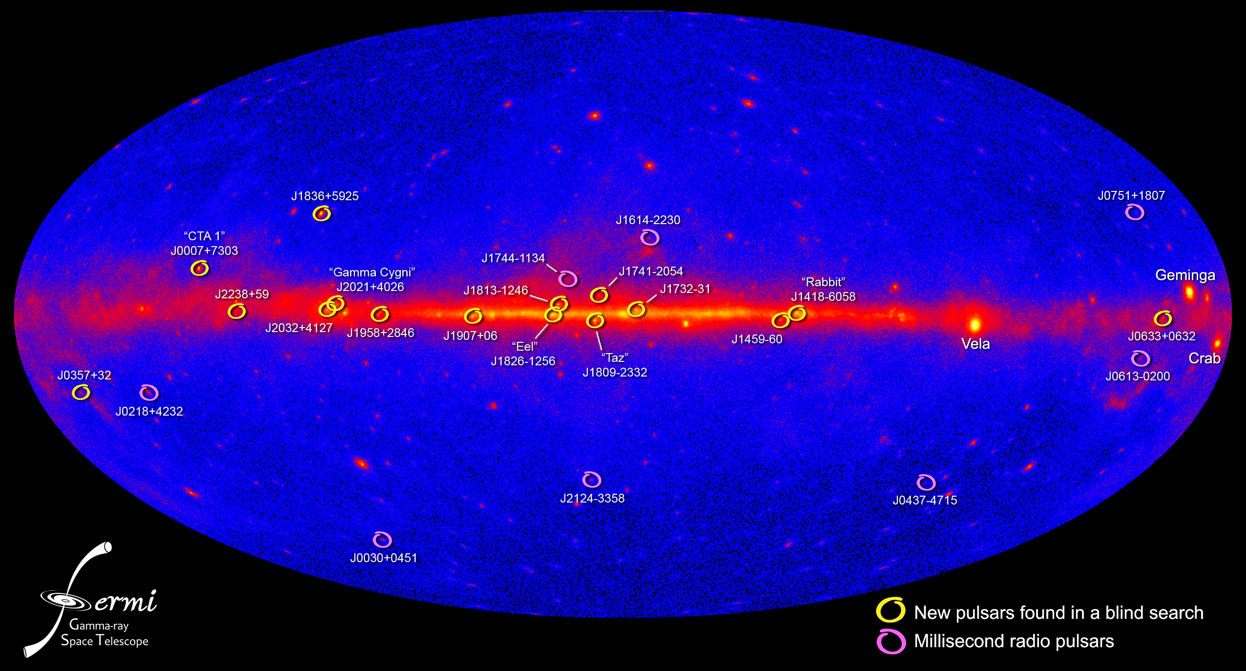 Map of the 16 new pulsars in the sky; from NASA